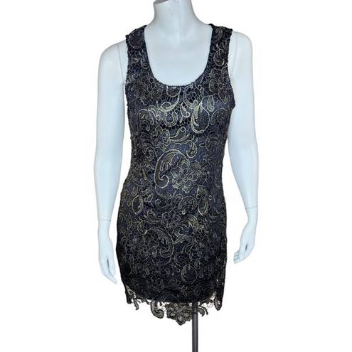 Sans Souci  Womens Small Black Gold Floral Overlay Sleeveless Midi Cocktail Dress