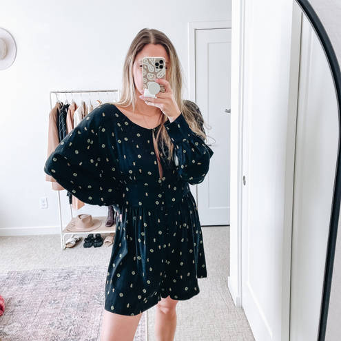 Free People  Black Printed Long Sleeve Romper  