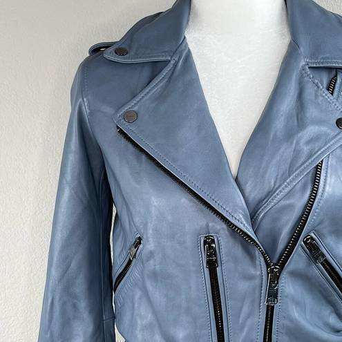 All Saints Balfern Flint Blue Belted Crop Leather Moto Jacket Size 4