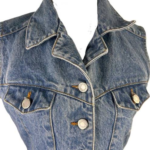 Vintage Blue Red Lodge  Button Front Sleeveless Denim Jean Vest Size Medium