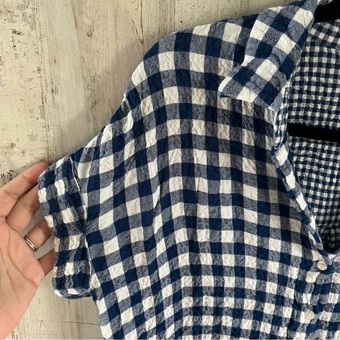 Jane and Delancey  Blue Crinkle Plaid Button Up Short Sleeve Shirt