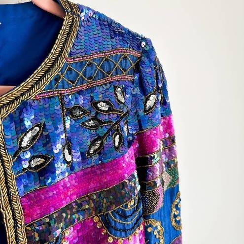 Vintage Blue  Pink Beaded Sequin Silk Blazer Jacket Mardi Gras sz Small