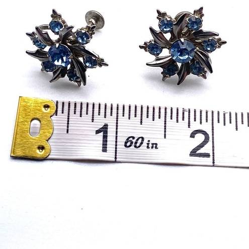 Vintage Blue  Rhinestone Swirl Snowflake Screw Back Earrings clip on