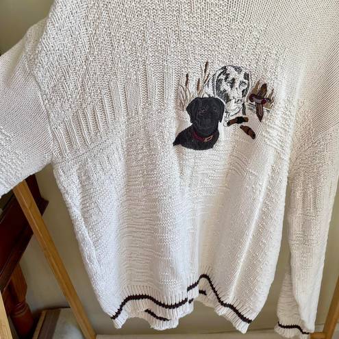 Vintage Black Lab Dog Duck Pond Embroidered Chunky Textured Crewneck Sweater in Cream Size XL