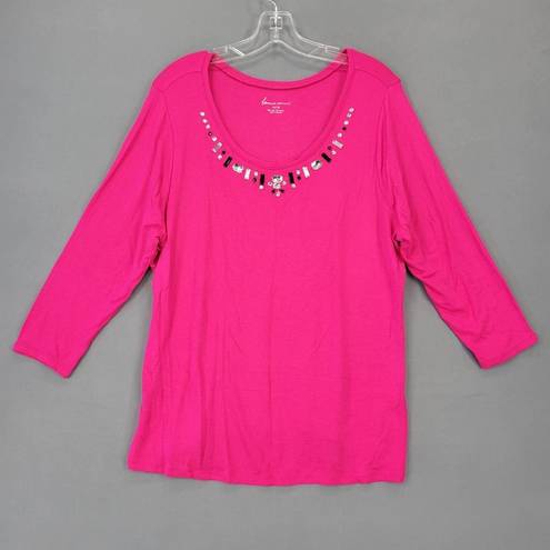 Lane Bryant  Women Shirt Size 14 Pink Stretch Preppy Beaded Scoop Chic 3/4 Sleeve