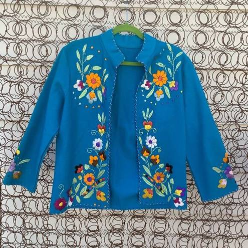 Vintage Blue  Wool Folk Art Boho floral embroidery open jacket