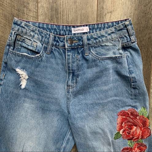 Cello  Embroidered Rose Floral Distressed High Waisted Jeans Frayed Hem Size 5