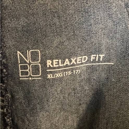 No Bo  Relaxed Fit Jean short overalls. Five pockets. Loops for belt. Size XL.