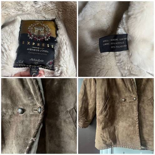 EXPRESS Vintage  Suede Leather Parka Jacket Hooded Faux Fur Lining Oversized OS