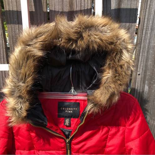 Celebrity Pink  Red Puffer Jacket with Fur Hood L Juniors