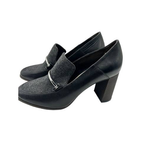 DKNY  Black Grey Leather wool Fabric Slip On Pumps Heels Shoes Women's Size 7.5