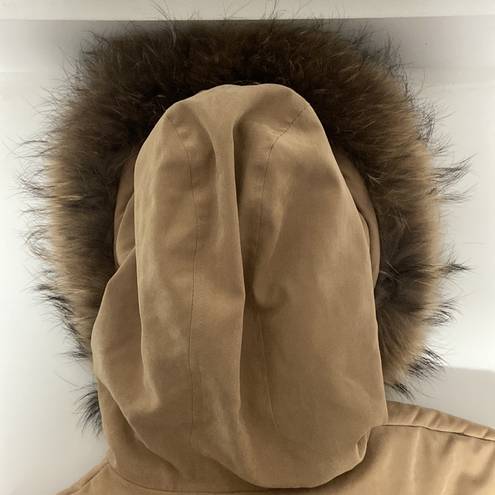 Jones New York winter coat Made in Russia removable raccoon fur large tan