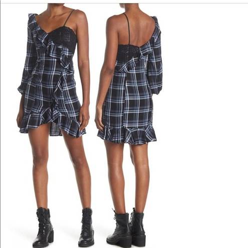 Likely REVOLVE x  Suri Asymmetrical Shoulder Dress Blue Plaid Size 0