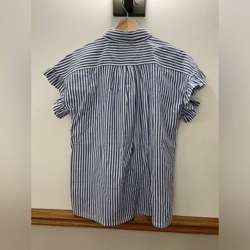 Industry EUC  Blue & White Striped Ruffle Sleeve Button Down Blouse Size Large