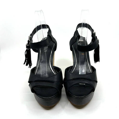 Ralph Lauren  Gwen Black Leather Ankle Strap Wedge Sandals Women's 9 US