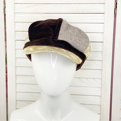 Krass&co August Hat  Paper Boy Cap Velvet Brocade Tweed Brown Gold