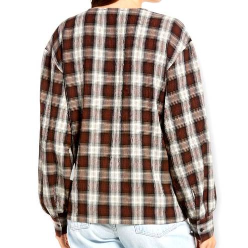 Treasure & Bond  Plaid V Neck Button Up Long Sleeved Red White & Brown Boho Shirt