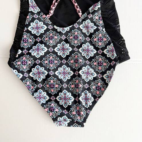 Hula Honey [] Black Gypsy Deco Lace Geometric Print One Piece Swimsuit Sz Small S