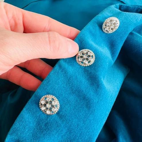 Vintage Blue  Velvet Fitted Triple Embellished Button Spring Blazer