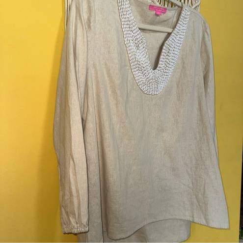 Isaac Mizrahi  NY Size Large Linen Blend Beaded Neck Beach Comfy Tunic Blouse