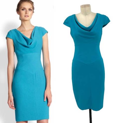 Black Halo  Gretchen Crepe Cap Sleeve Drape Neck Sheath Dress Aqua Size 2