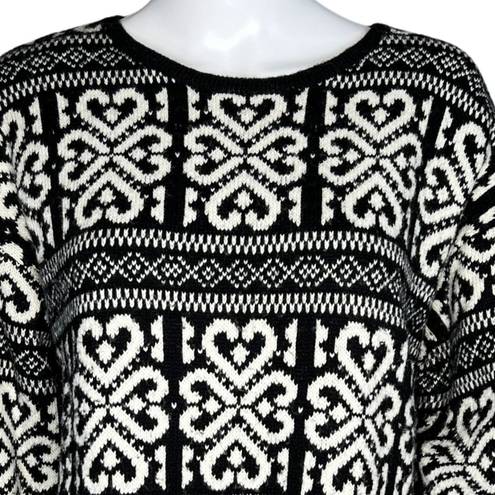 J.Jill  Sweater Womens Medium Black White Heart Fair Isle Wool Blend Casal Artsy