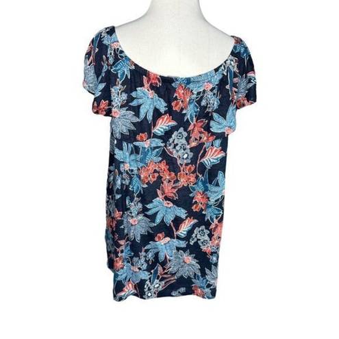 J.Jill  Love Linen Sarasa Womens Ruffled Tropical Print Top‎ Navy Blue Size Large