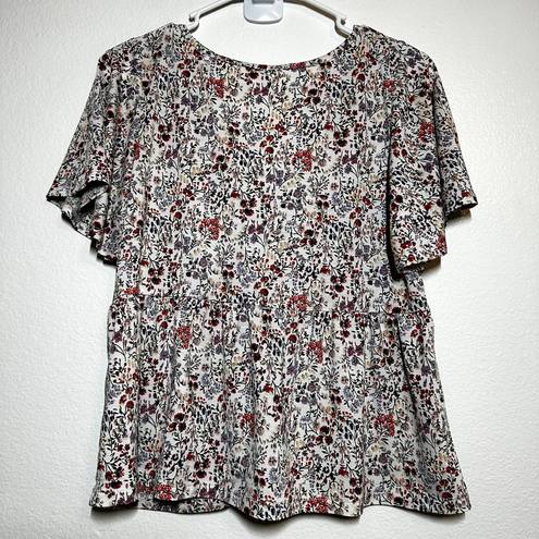 Paper Crane Lazy Sundays  Blouse Flutter Short Sleeve V-Neck Ruched Bust Floral M