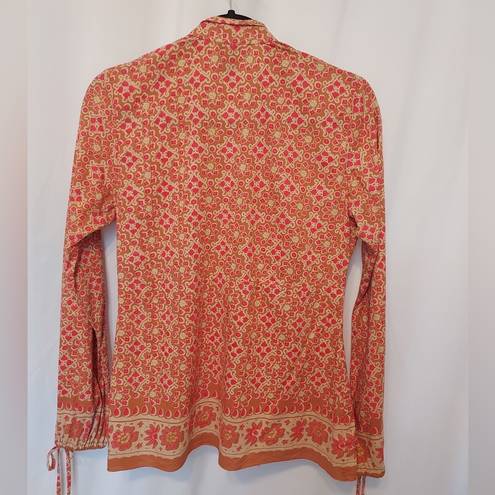 Angie  ORANGE GOLD FLORAL BEADED SEQUIN LONG TIE SLEEVES COLLAR SHIRT BLOUSE TOO