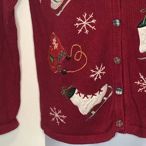 Basic Editions  Vintage Holiday Ice Skate Print Christmas Sweater Cardigan Small