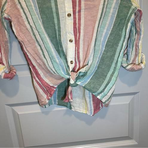 Harper  Multicolor Striped 3/4 Roll Tab Sleeve Button Up Tie Knot Blouse XS