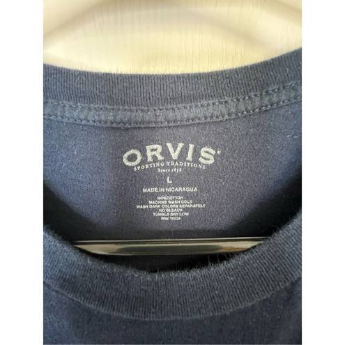 Orvis  Navy Blue Dog and Writing Graphic Short Sleeve  T-Shirt