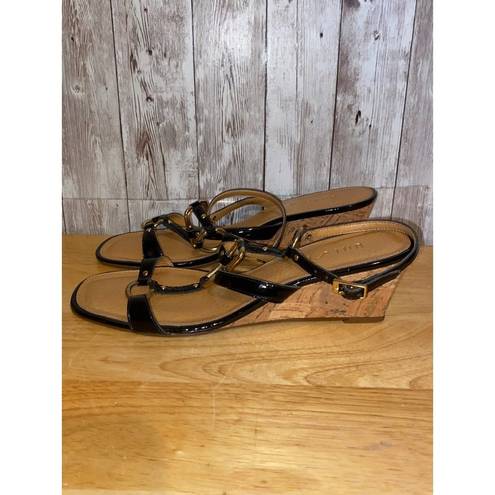 Unisa  Cork Wedge Strappy Black Patent Leather Shoes Sandals Open Toe Size 6.5