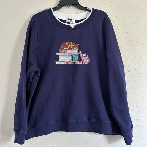 Vintage Blue C&K  Crewneck Sweatshirt Cat Books Casual Comfy 2X