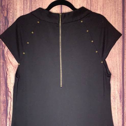 Sharagano cap sleeve black shift dress with gold stud detail