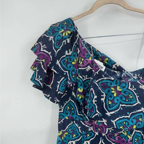 Natori Josie  Festive Blue Paisley Retro Floral One Shoulder Women 4 Ruffle Dress