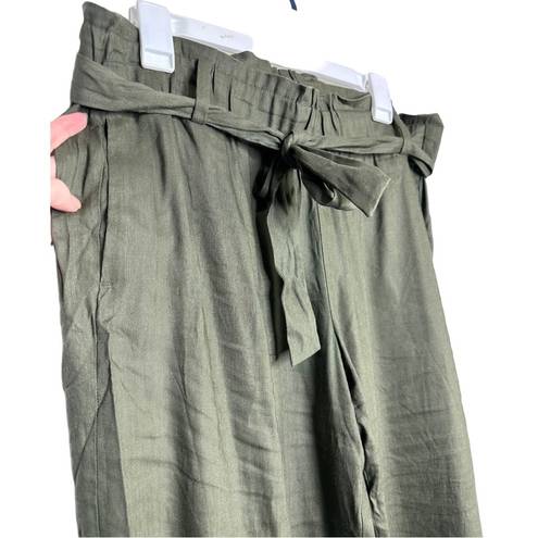 J.Jill  Olive Green Linen Blend Wide Leg Paperbag Waist Tie Detail Pants Size L