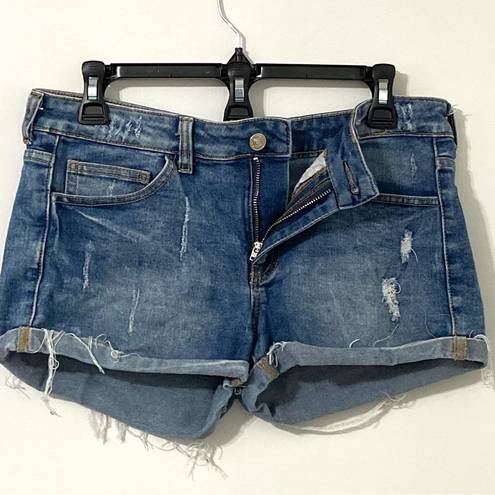 Mango Denim & Tees Blue Denim Cut Off Cuffed Shorts with Frayed Hem Size 6