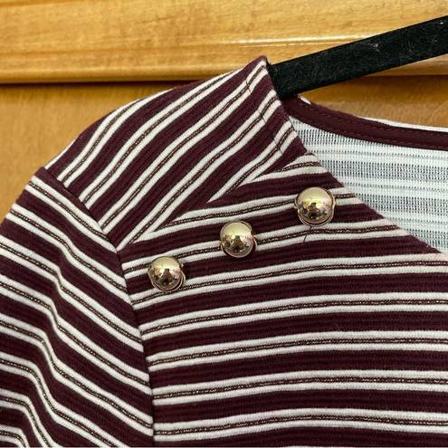 Talbots  Striped Metallic Ruffle Cuff Burgundy Long Sleeve Shirt Size Medium