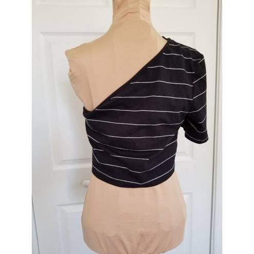 The Range  Striped Bare Shoulder T-Shirt Crop Top Horizontal Stripe Black Size XS