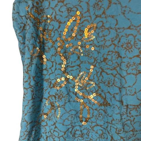 Coldwater Creek  Teal & Gold Sequin Short Sleeve Scoop Neck Blouse Women Sz XL