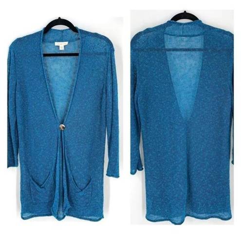 Coldwater Creek  Women's Slub Knit Linen Blend Long Cardigan Blue Green Medium