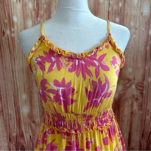 Jessica Simpson Yellow Ruffle Trim Pink Floral Print Maxi Dress