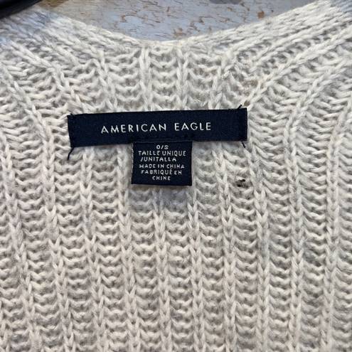 American Eagle  Women’s Light Gray Knit Open Front Tassel Detail Poncho Sweater