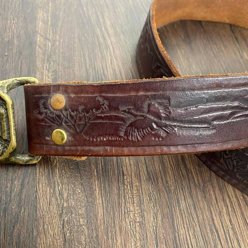 Vintage brown tooled leather western brass clasp belt