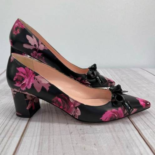 Kate Spade  Black and Pink Rose Floral Block Heel Pumps with Bow Size 6.5M