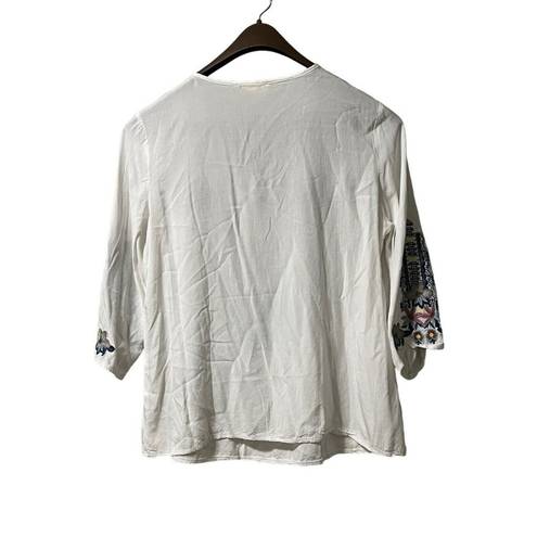 Luna  Moon Embroidered White Top Boho Peasant‎ Blouse Size Medium