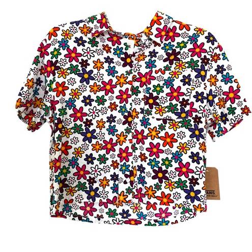 Vans  Daisy Stacked Colorful Retro Short Sleeve Button Down Top Size Small