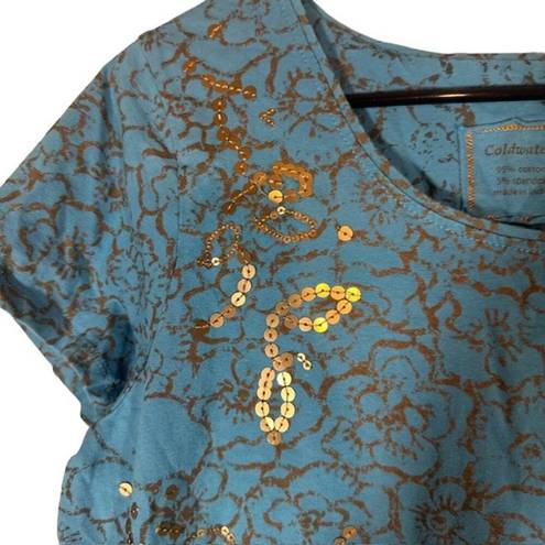 Coldwater Creek  Teal & Gold Sequin Short Sleeve Scoop Neck Blouse Women Sz XL