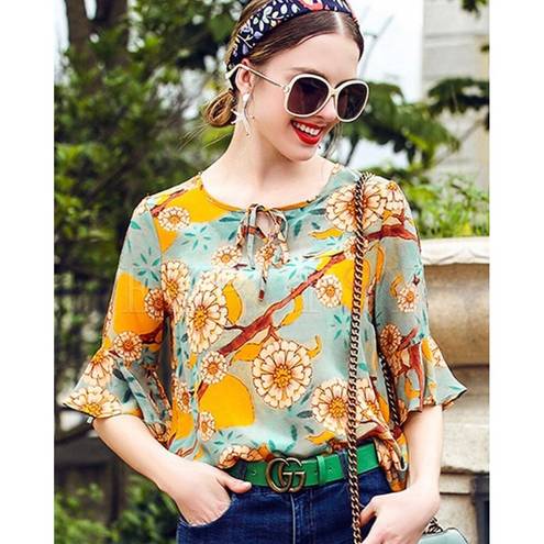 Mulberry Lonyuash 100%  Silk Floral Sheer Flare Cutout Sleeves Front Tie Blouse S